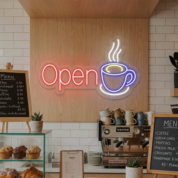 "Open, Kahvikuppi" Neonkyltti