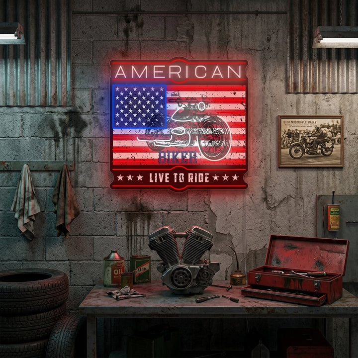 "American Biker Live To Ride" Neonkyltti