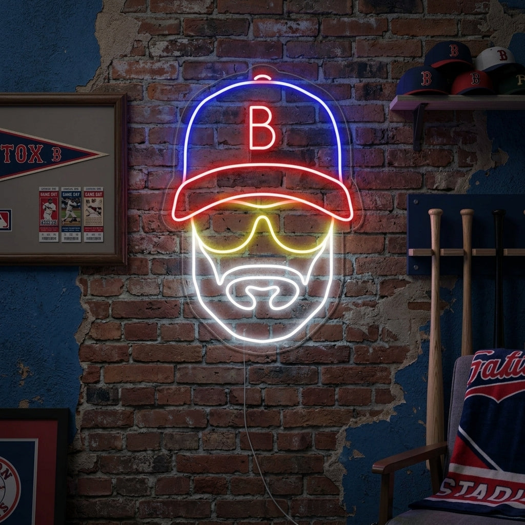 "Baseball Mies Hattu Päässä" Neonkyltti