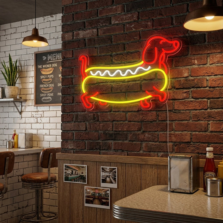 "Mäyräkoira Hotdog" Neonkyltti