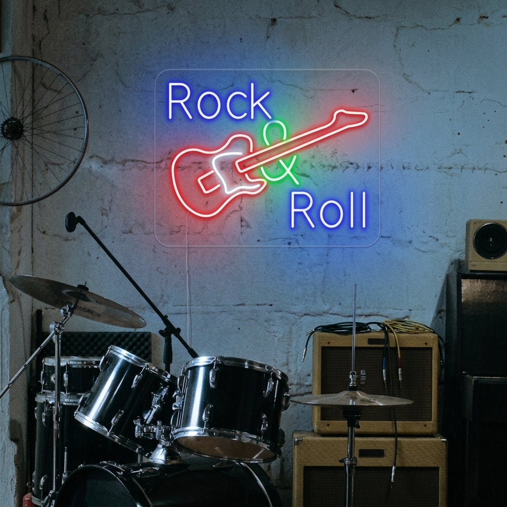 "Rock And Roll, Musiikki, Kitara" Neonkyltti