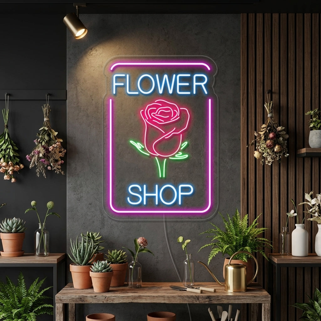 "ruusu, Flower Shop" Neonkyltti