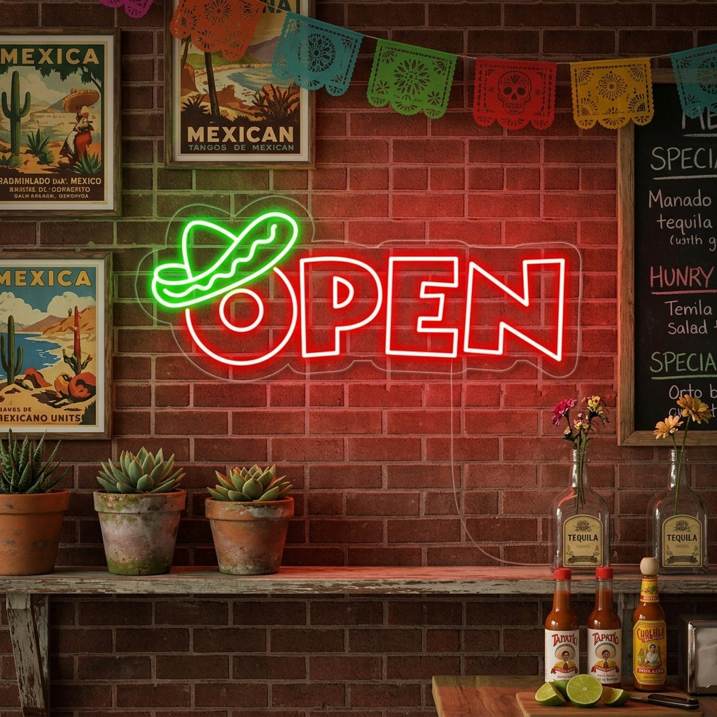 "open, Meksikolainen ruoka" Neonkyltti