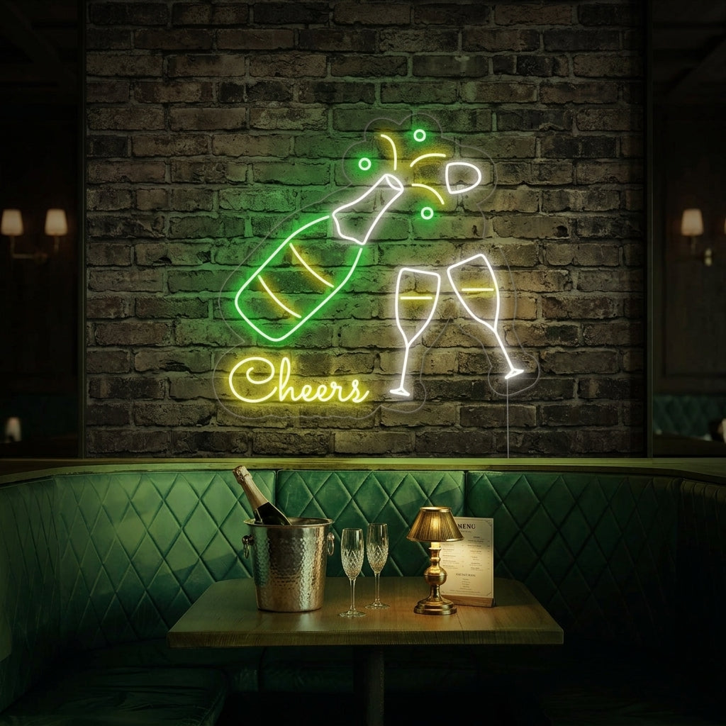 "Samppanjapullo, Samppanjalasit, Cheers" Neonkyltti
