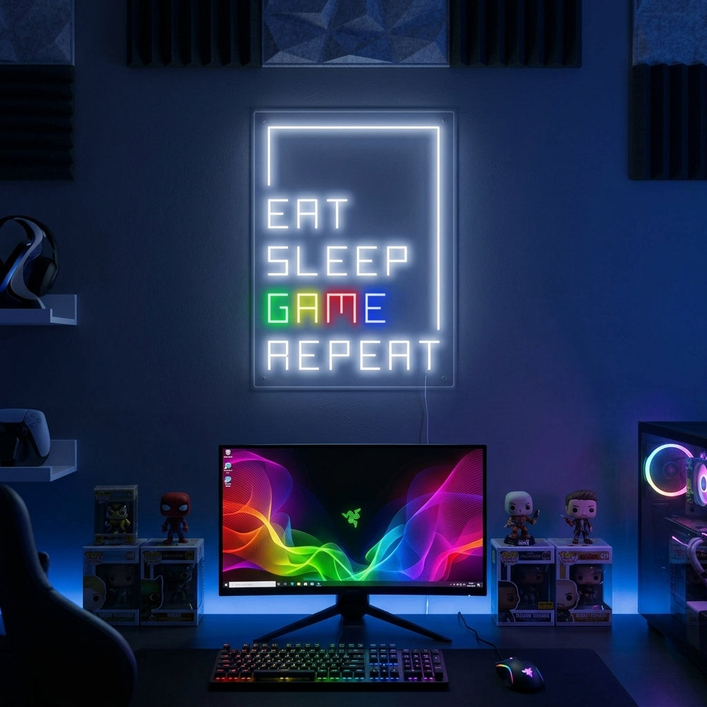 "Eat Sleep Game Repeat, Pelaajan Sisustus" Neonkyltti
