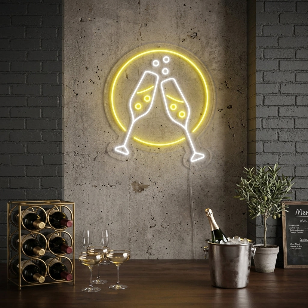 "Samppanjalasit, Kippis" Neonkyltti