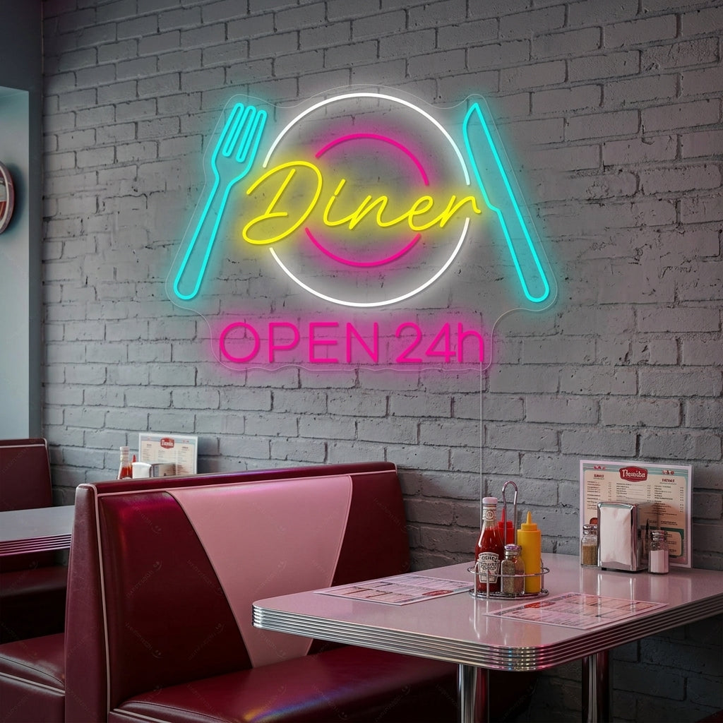 "Dinner Open 24h" Neonkyltti