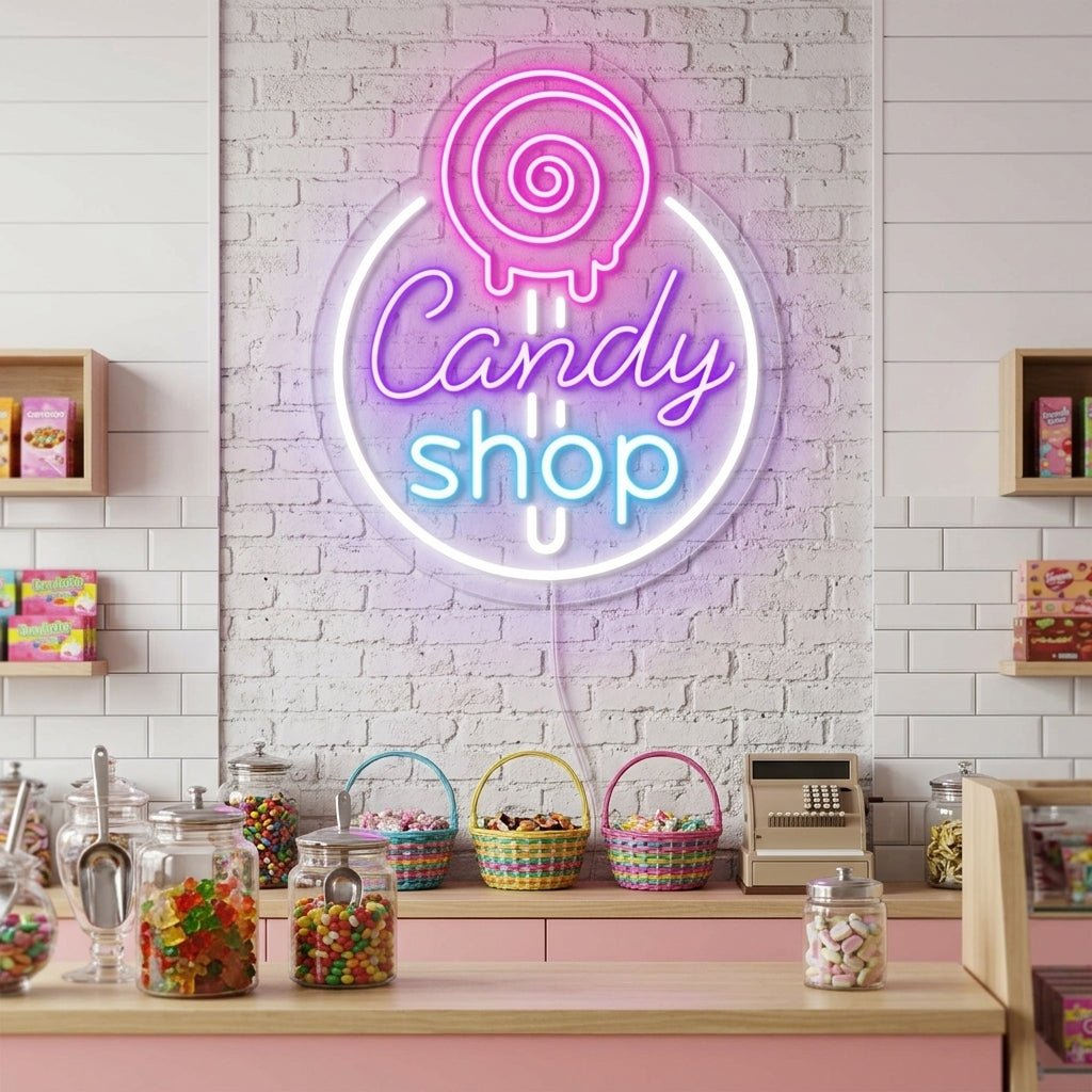 "Candy Shop, Karkkikauppa Logo" Neonkyltti