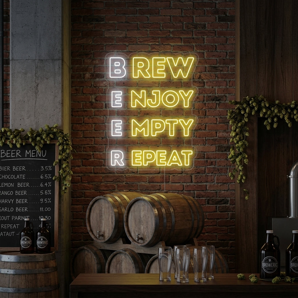 "Brew Enjoy Empty Repeat Beer Baari" Neonkyltti
