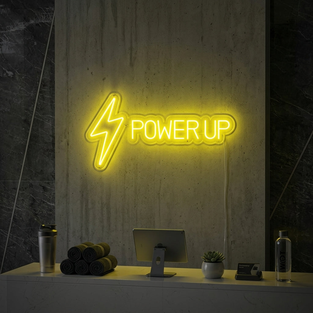 "Power Up, Kuntosali Sisustus, Kuntosali Lainauksia, Fitness Lainauksia, Workout Lainauksia" Neonkyltti
