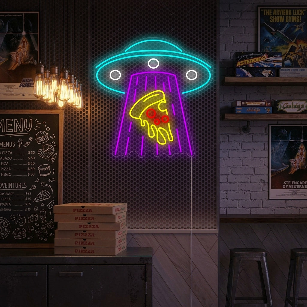 "Ufo kidnappaus Pizza" Neonkyltti