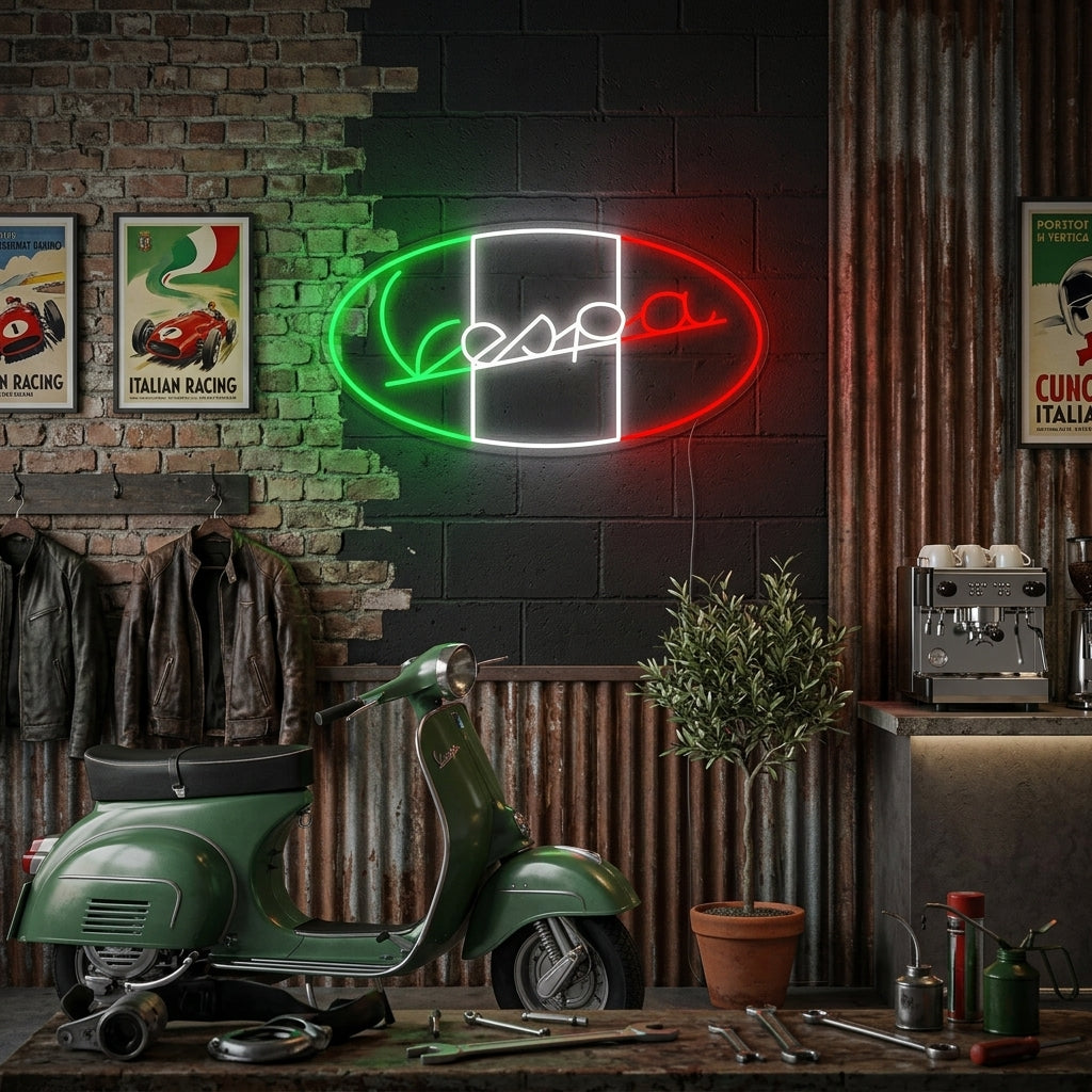 "Vespa Italialainen Moottoripyörä Logo" Neonkyltti