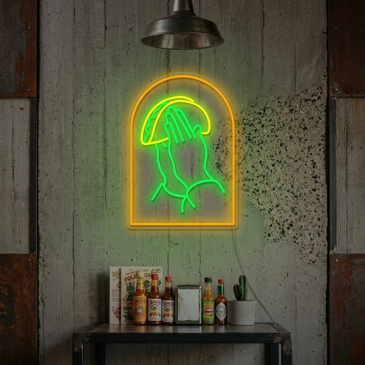 "Rukoilevat kädet tacojen kanssa" Neonkyltti