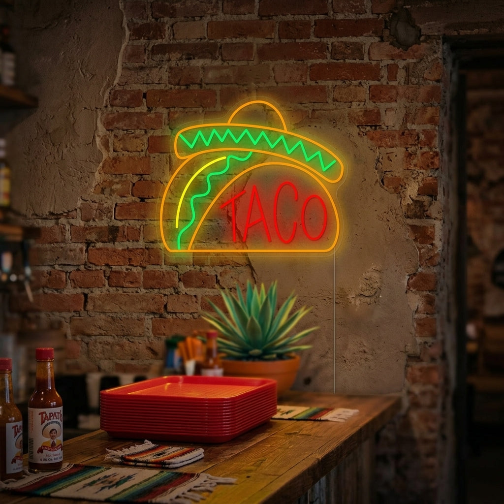 "Meksikolainen hattu-taco" Neonkyltti