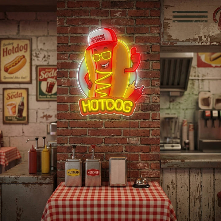 "Hotdog maskotti" Neonkyltti