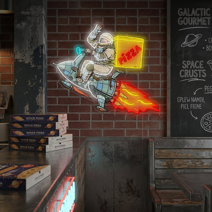 "Astronautti toimittaa pizzaa" Neonkyltti