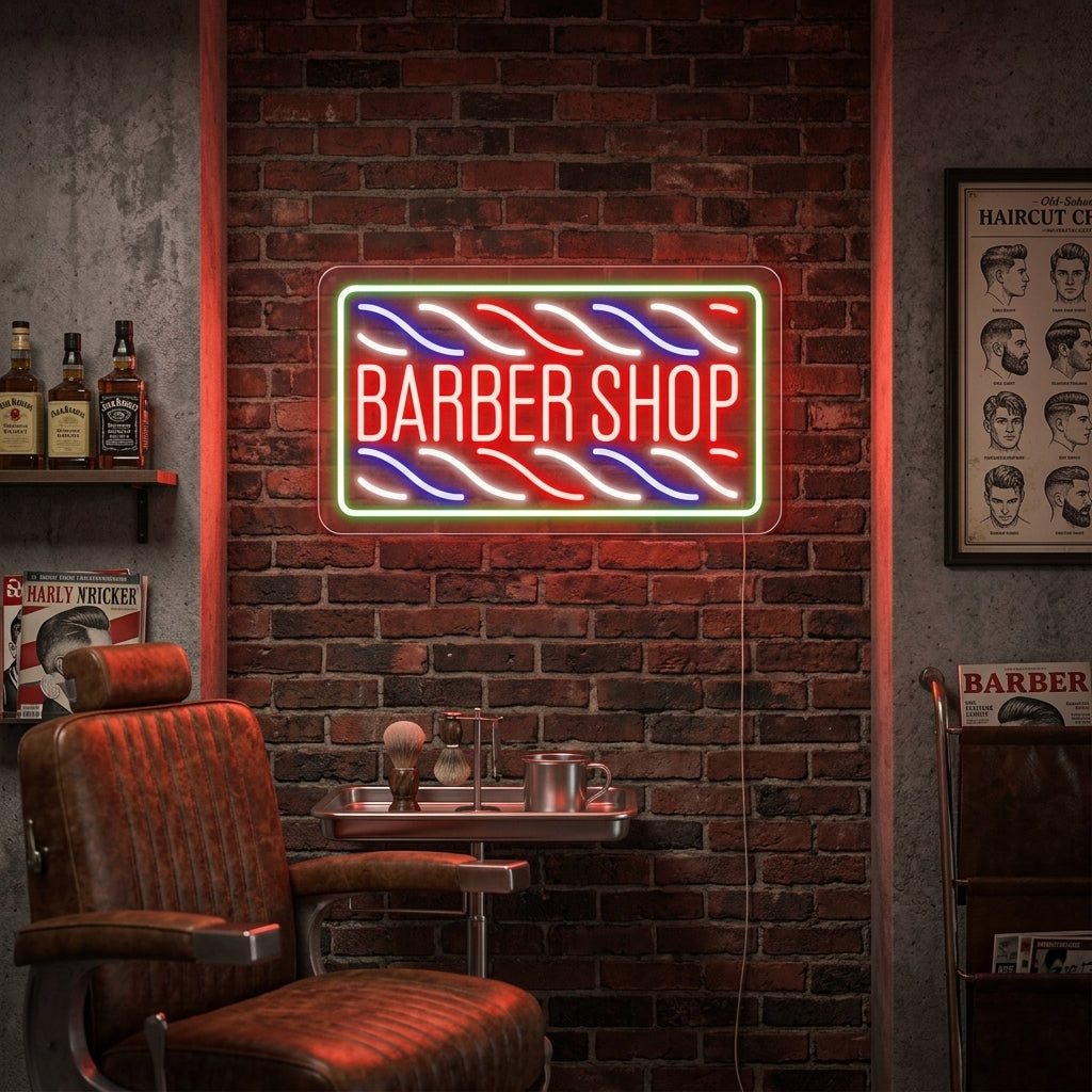 "Hiusleikkaus, Barber Shop" Neonkyltti