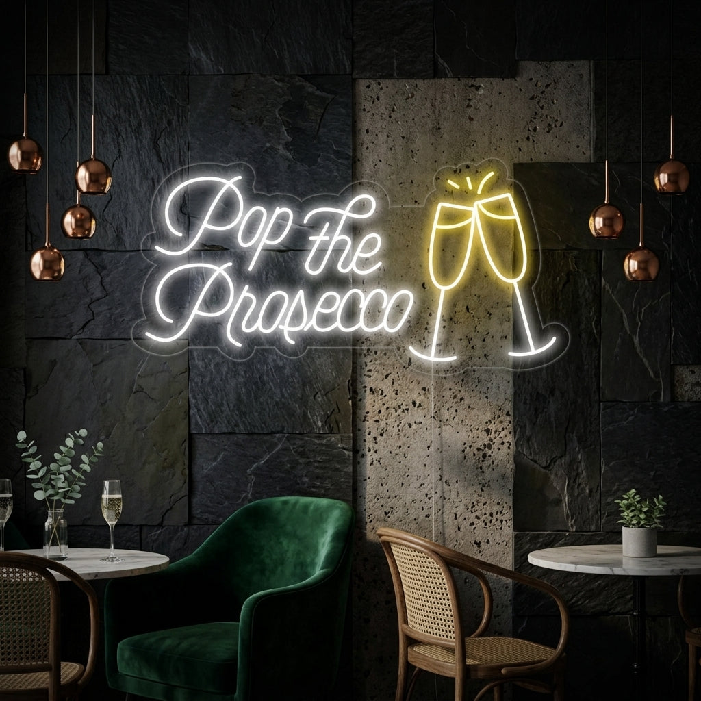 "Pop The Prosecco Olutbaari" Neonkyltti