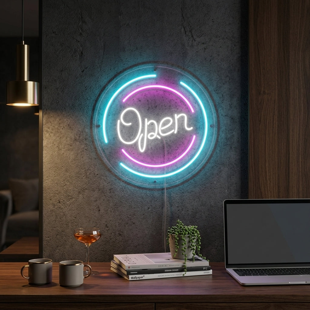 "Open -Kirjoitus Ympyröissä" Neonkyltti