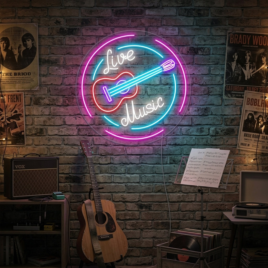 "Live Music, kitarat" Neonkyltti