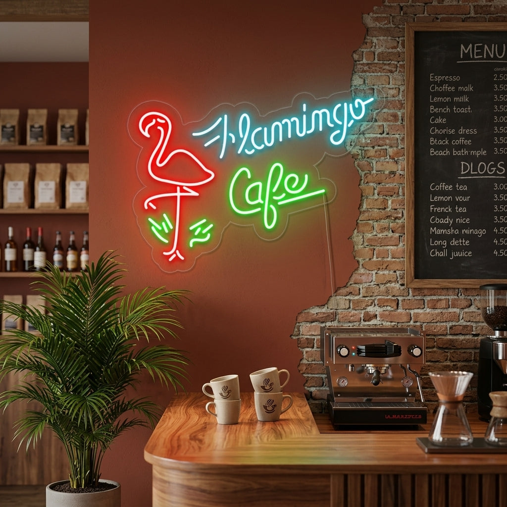 "Flamingo Cafe, Kauppa" Neonkyltti