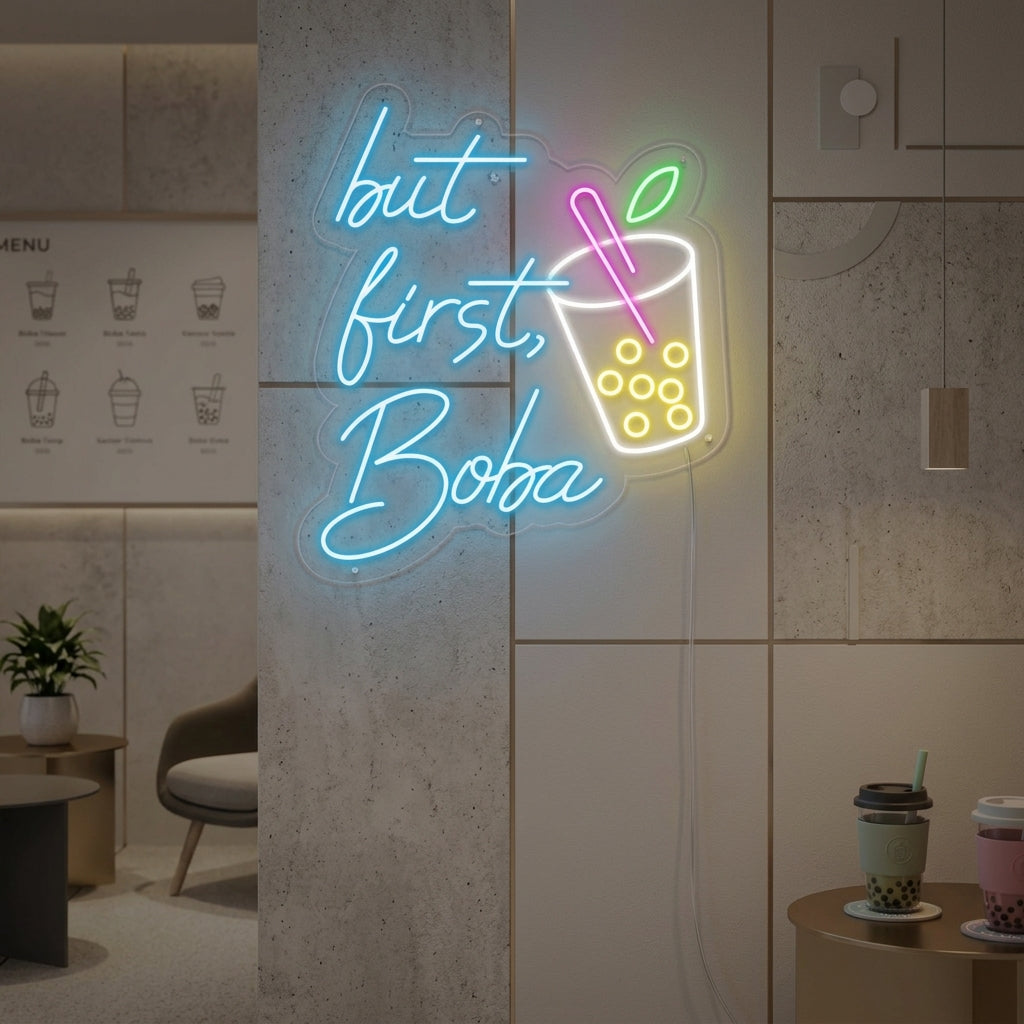 "Kuppi, But First Boba" Neonkyltti