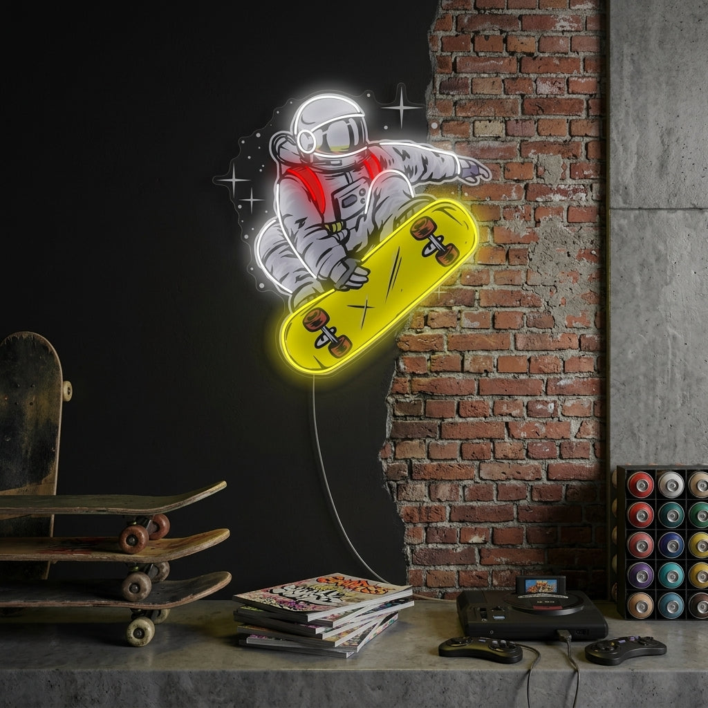 "Astronautti rullalauta" Neonkyltti