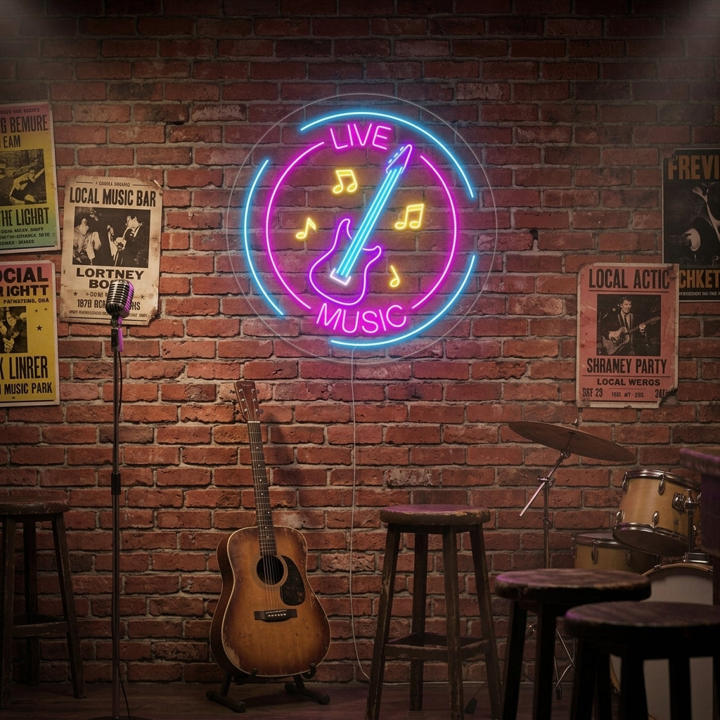 "Live Music, Nuotit, Kitara" Neonkyltti
