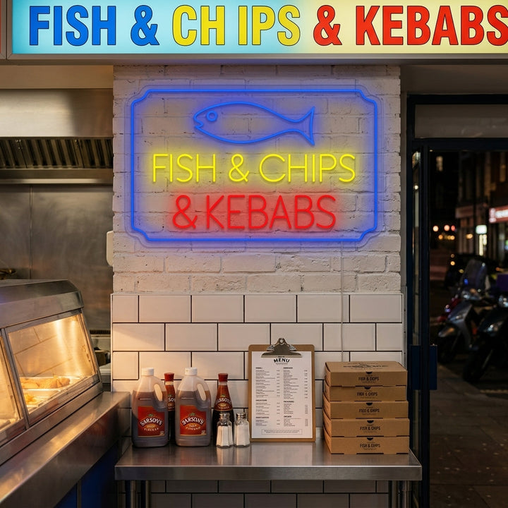 "Fish Chips Kebabs" Neonkyltti