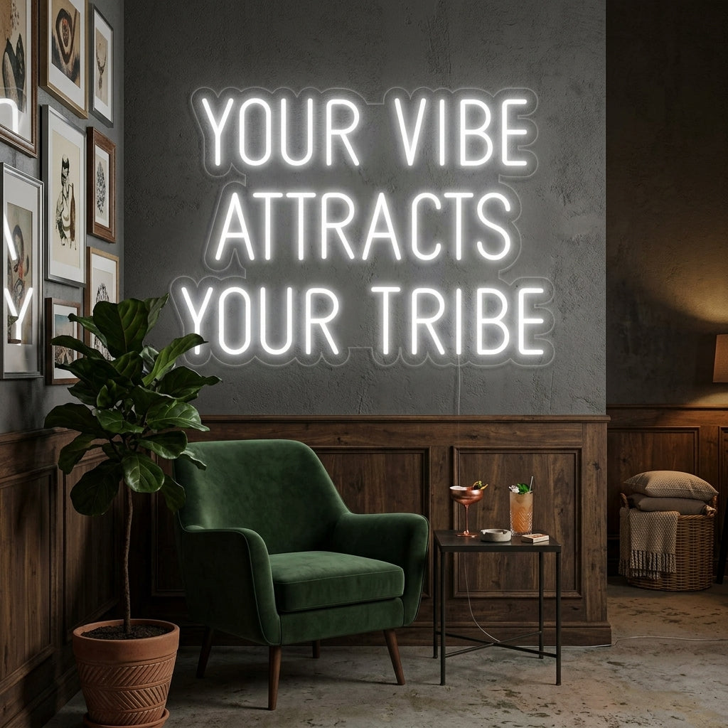 "Your Vibe Attracts Your Tribe, Häät" Neonkyltti