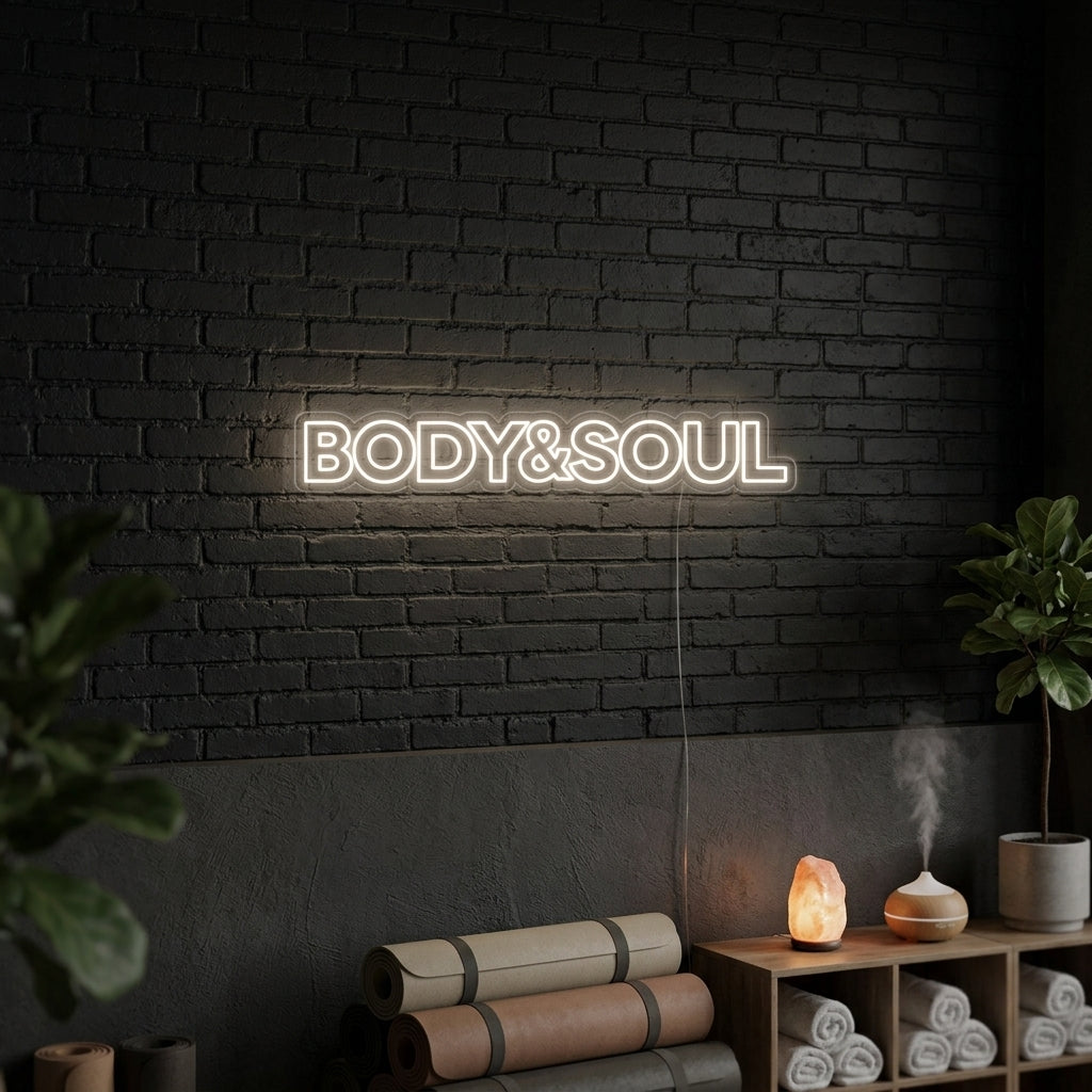 "Body And Soul, Kuntosali Sisustus, Kuntosali Lainauksia, Fitness Lainauksia, Workout Lainauksia" Neonkyltti