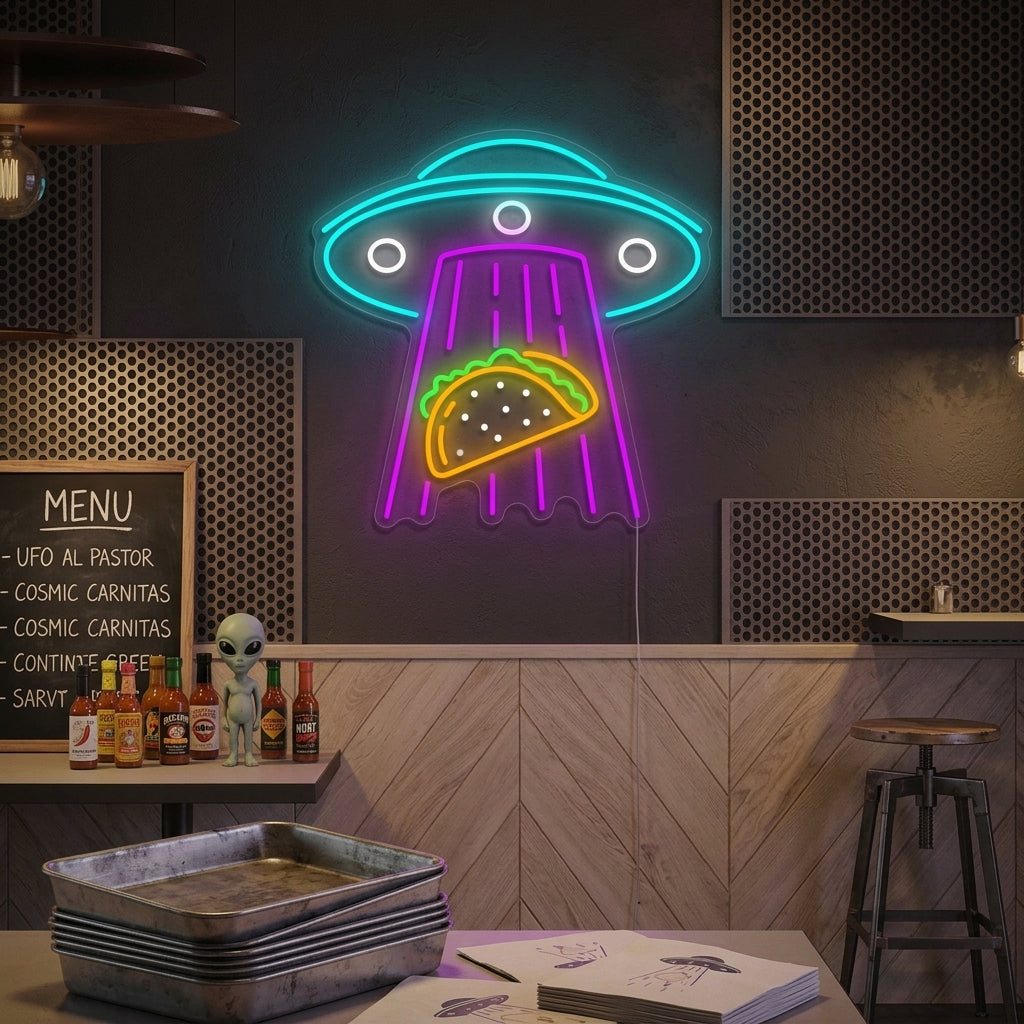"Ufo sieppaavat tacoja" Neonkyltti