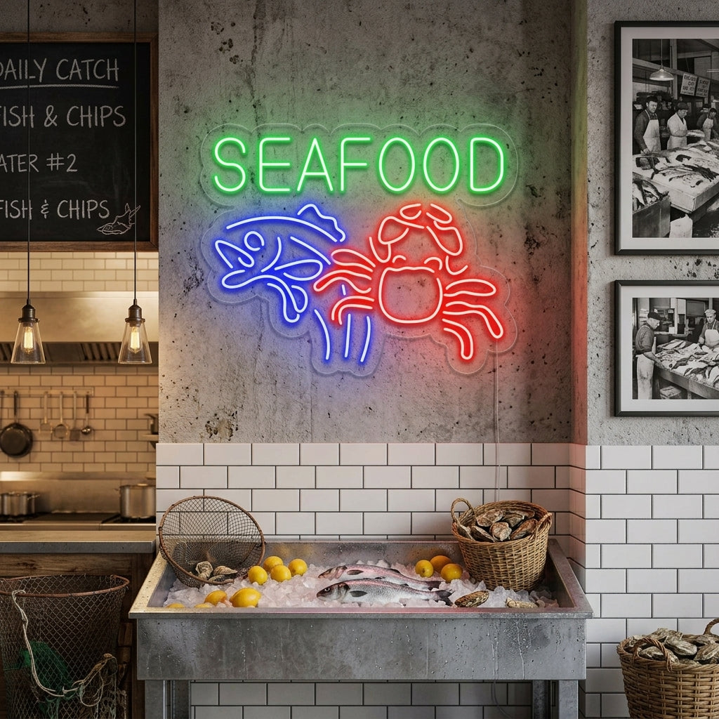 "Seafood, Rapu, Kala" Neonkyltti