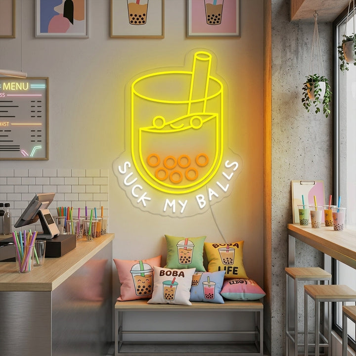 "Suck my balls, Boba-tee, boba-rakastajat" Neonkyltti