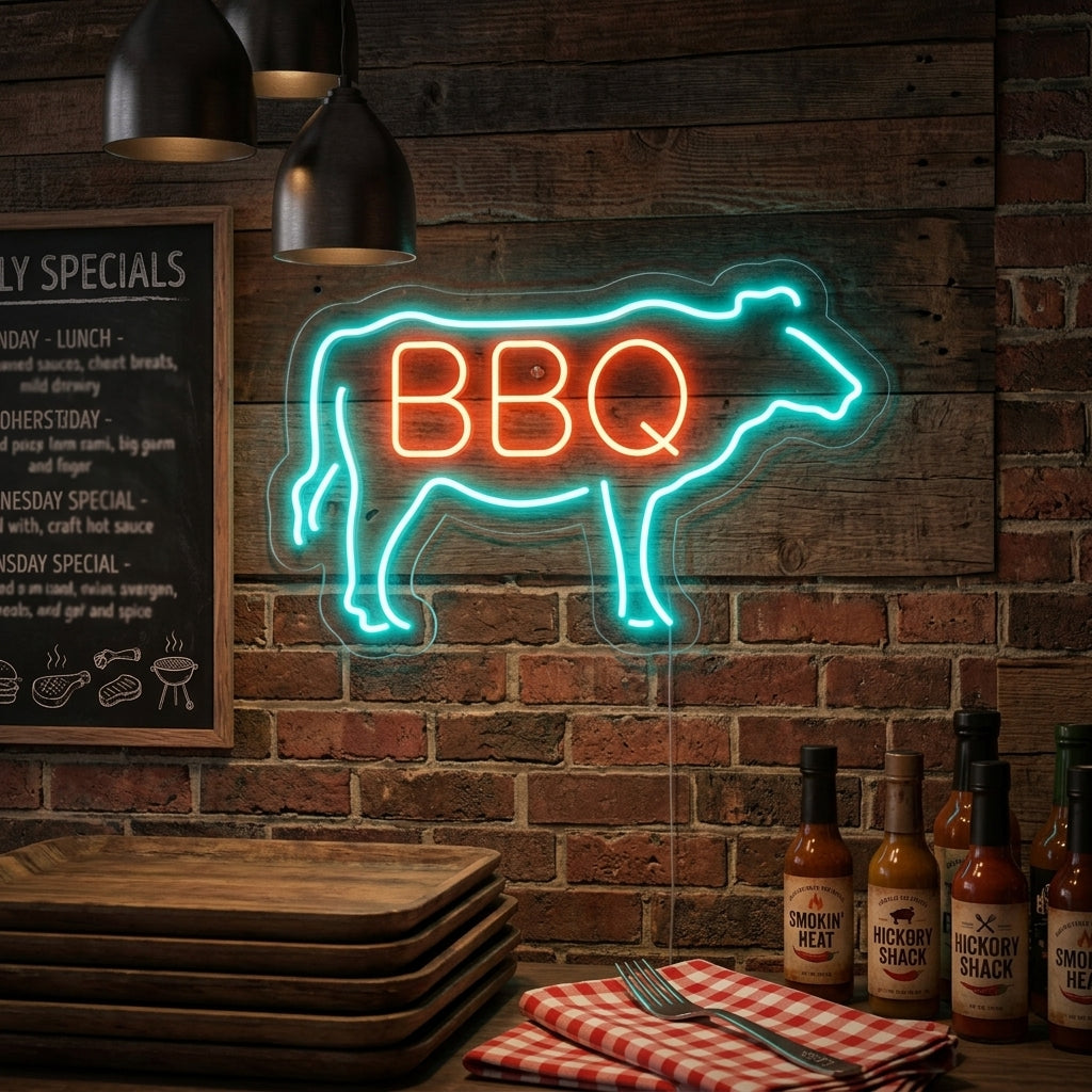 "Lehmä, BBQ" Neonkyltti