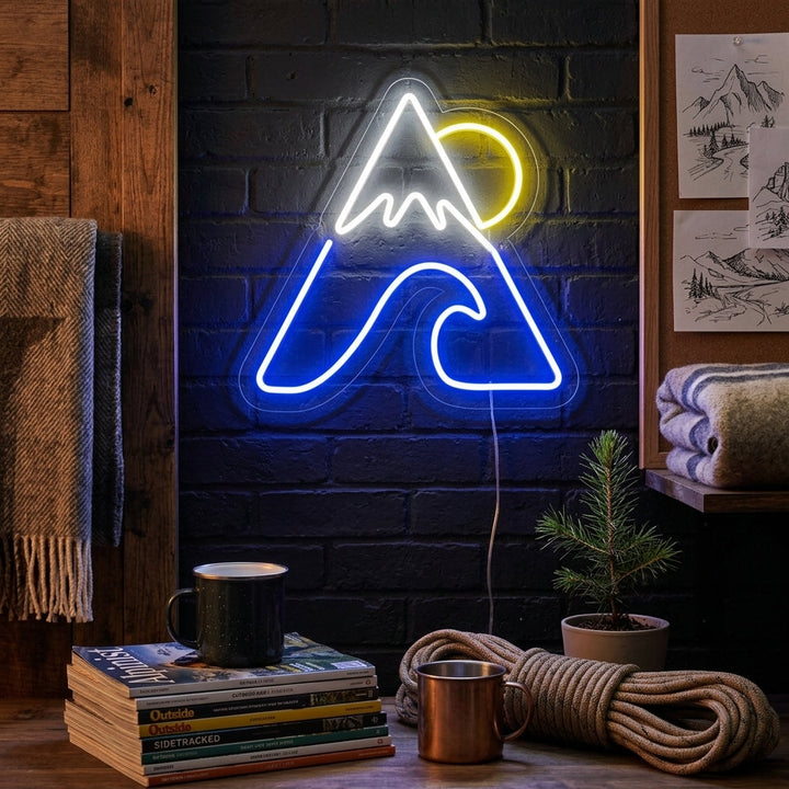 "Vuori Meri Aurinko" Neonkyltti