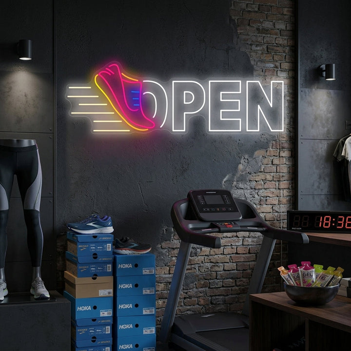 "Juoksukengät Open" Neonkyltti