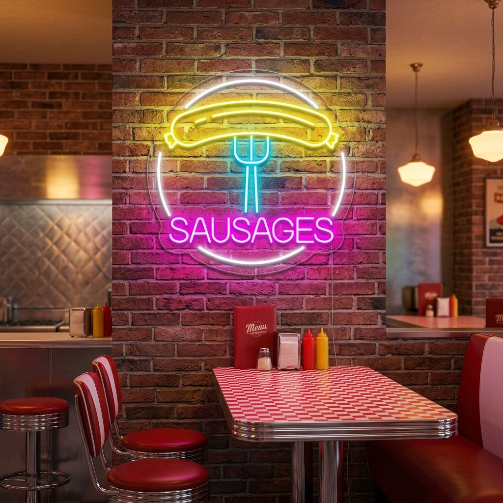 "Sausages, makkara, haarukka" Neonkyltti