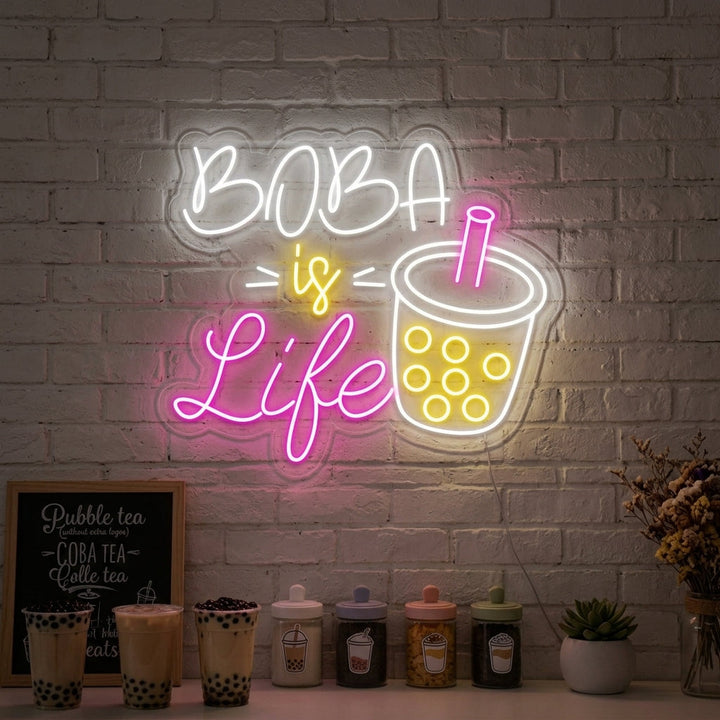 "Boba-kuppi, Boba is Life" Neonkyltti