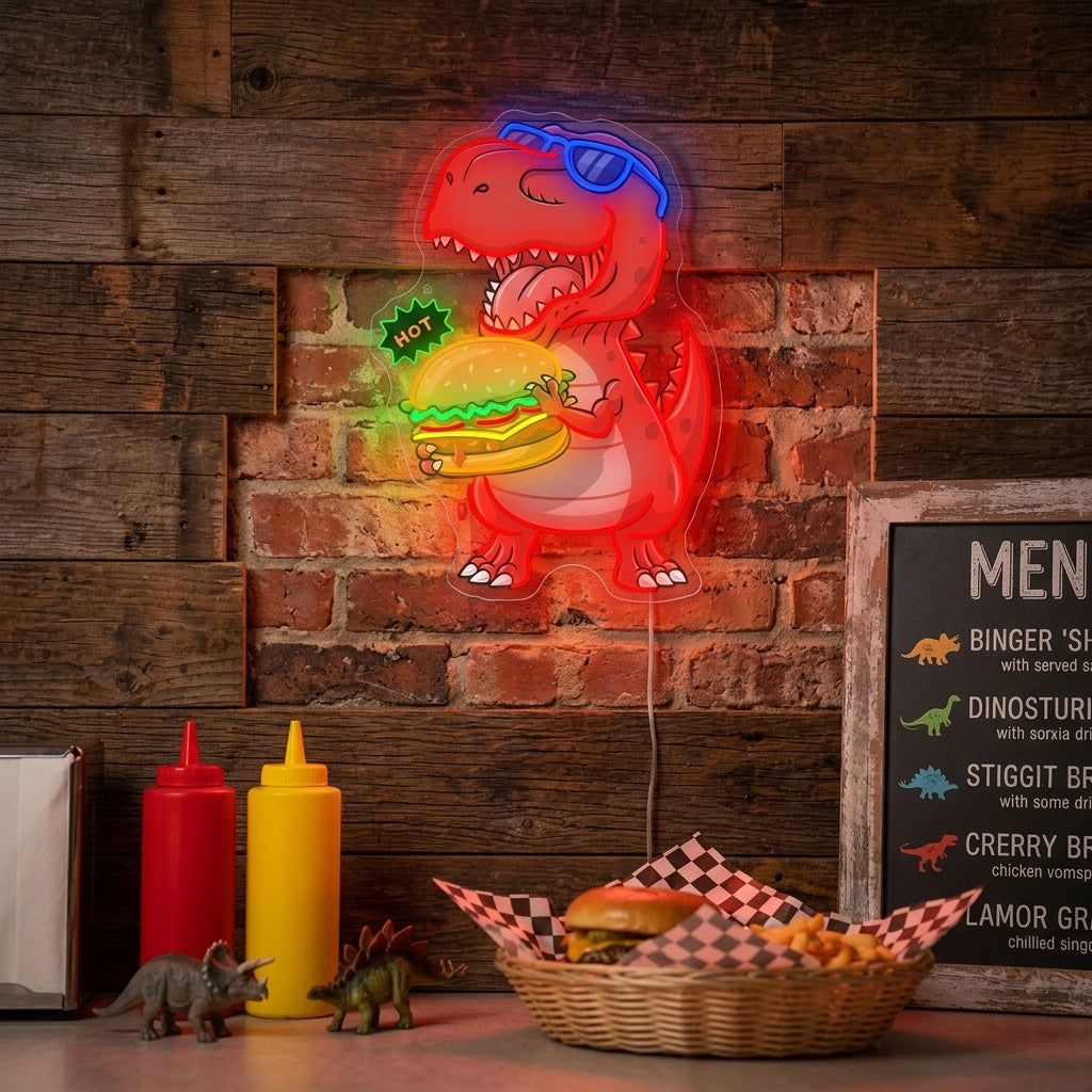 "Dinosaurus syö hampurilainen" Neonkyltti