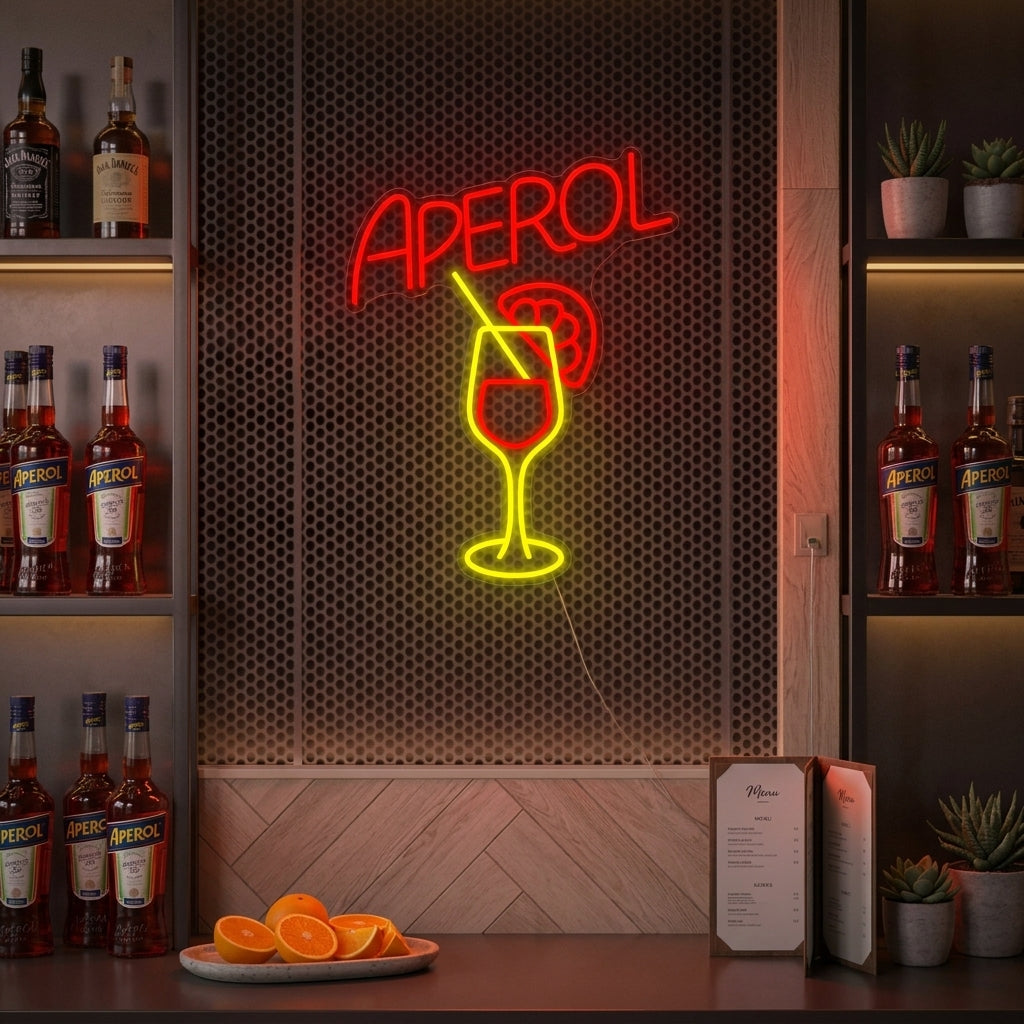 "Aperol Baari Ja Lasimuki" Neonkyltti