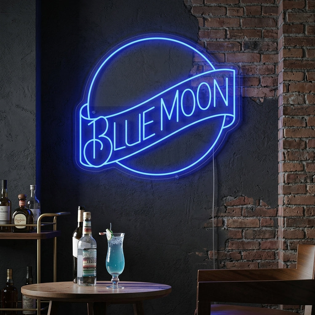 "Blue Moon Lager Olut" Neonkyltti