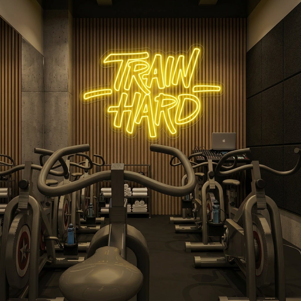 "Train Hard, Kuntosali Sisustus, Kuntosali Lainauksia, Fitness Lainauksia, Workout Lainauksia, Treenaus Lainauksia" Neonkyltti