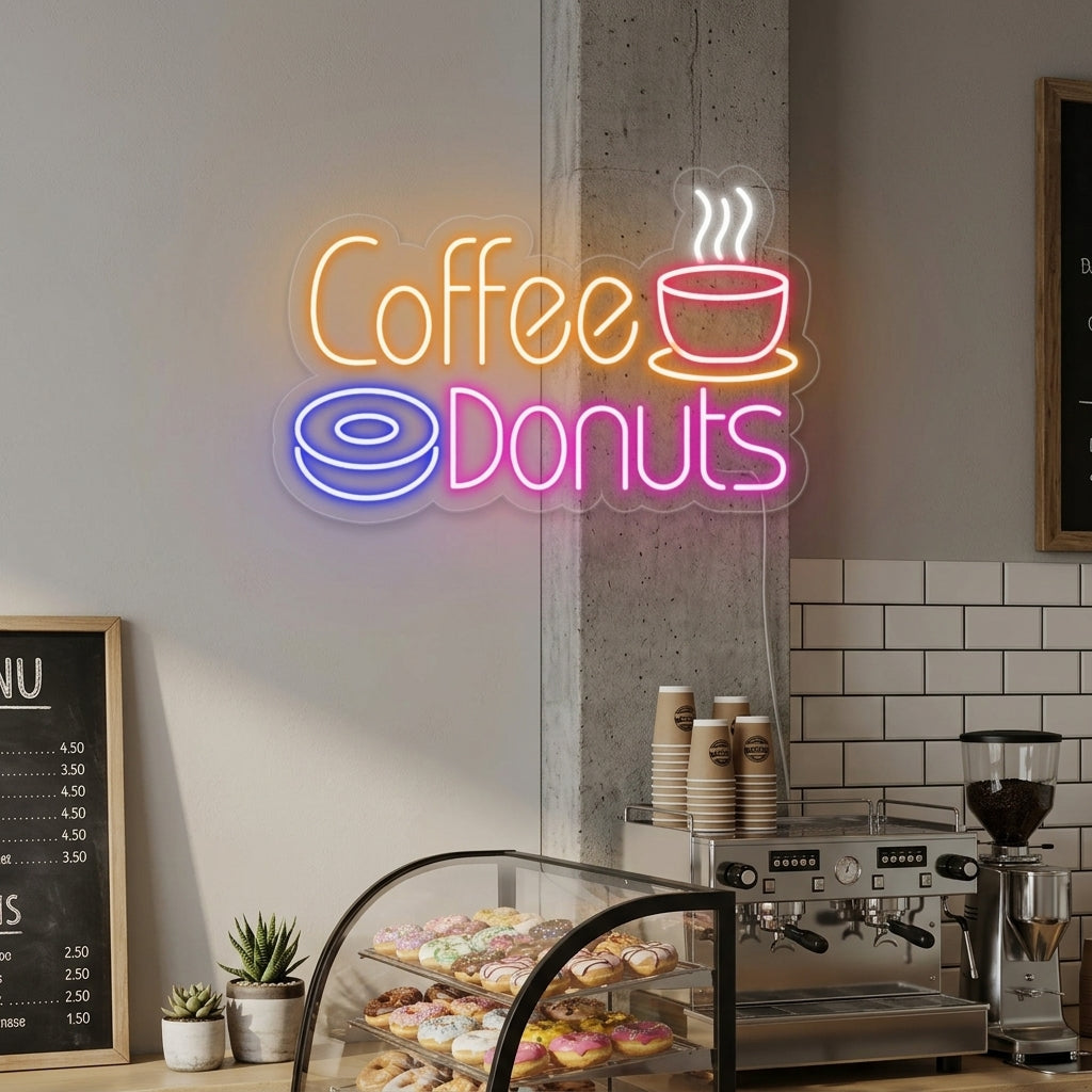 "Kuuma kahvi, Coffee Donuts" Neonkyltti