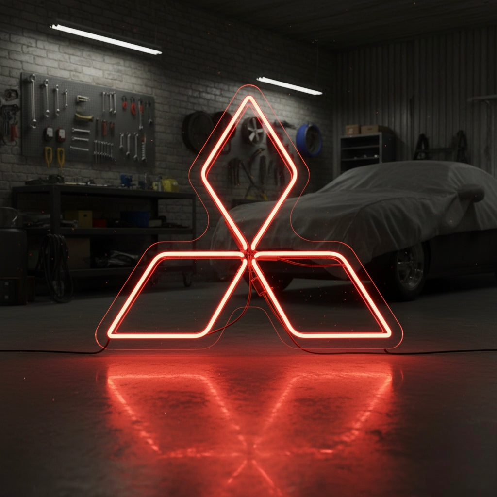 Red diamond Mitsubishi logo neon sign, great for auto shops or Japanese car enthusiasts.