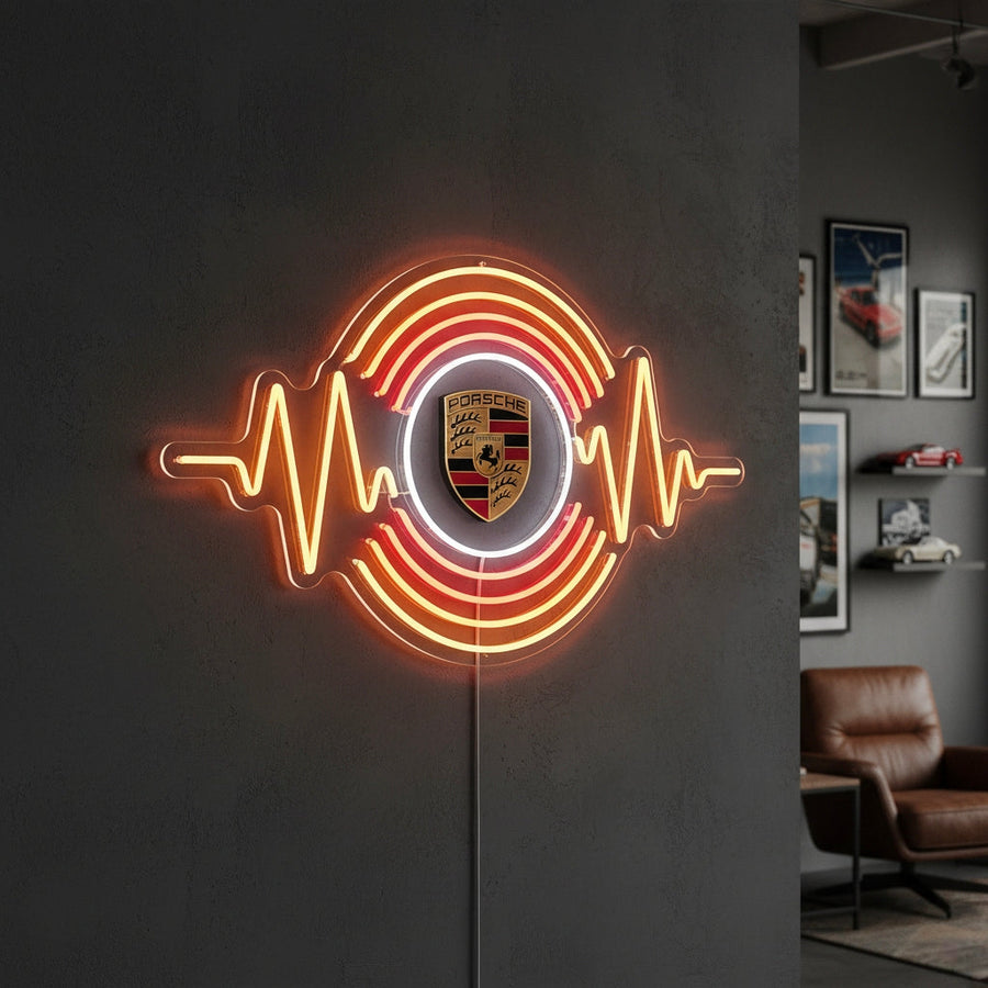 Neon sign with Porsche crest surrounded by orange soundwave design, perfect for automotive enthusiasts.