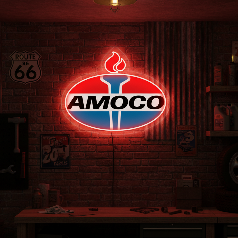 Red and blue Amoco torch logo neon sign for retro-style garages, bars, or man caves.