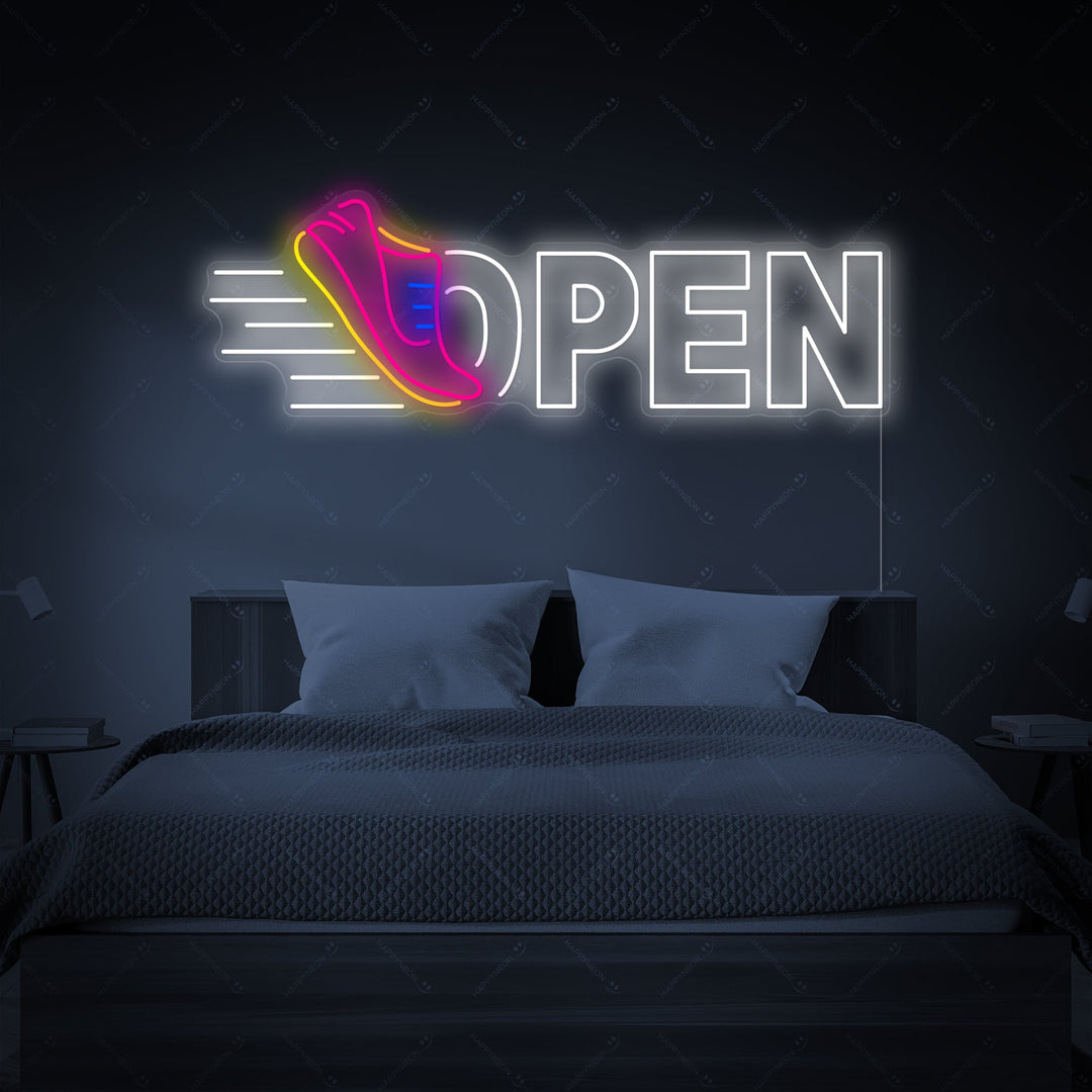 "Juoksukengät Open" Neonkyltti