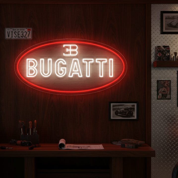 Red and white Bugatti oval neon sign, perfect for luxury car garages and collectors.