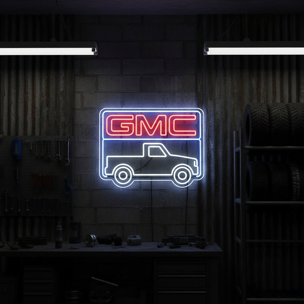 Red, white, and blue GMC neon sign with pickup truck outline, ideal for American truck enthusiasts and workshop decor.